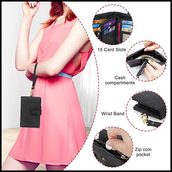 Sendefn Women Wristlet Wallets RFID Blocking Leather Large  Large Capacity RFID Blocking Wallet with Detachable Wristlet Faux Suede Leather